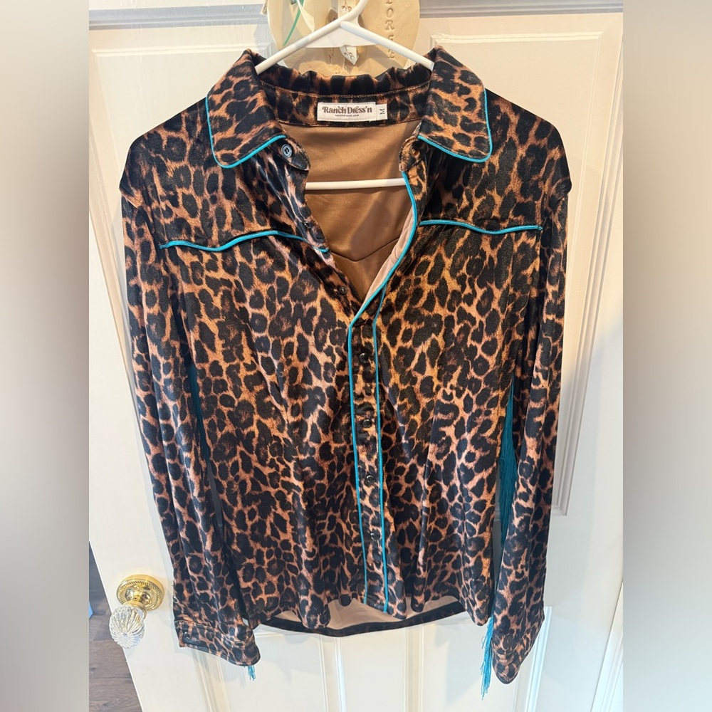 Women's Leopard Print Button Down Shirt with Teal Trim